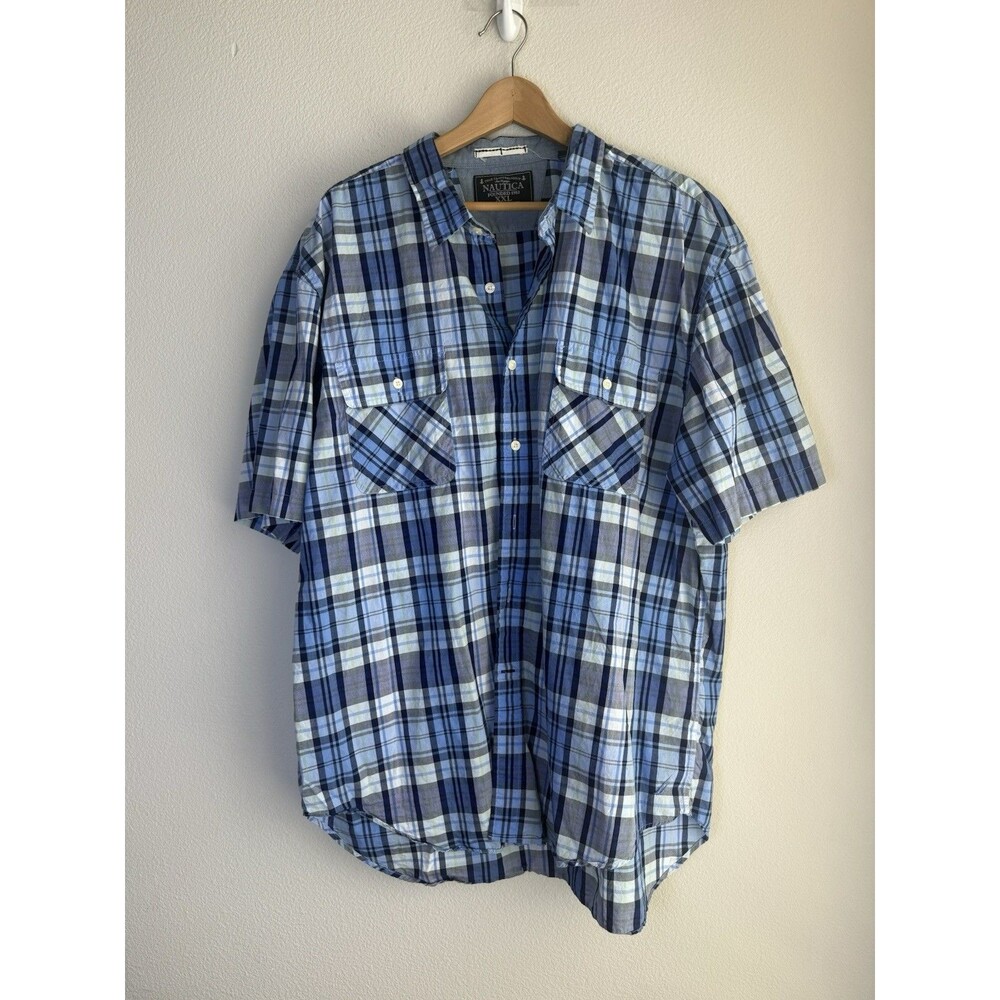 Nautica Mens XXXL Blue Plaid Button Front Short Sleeve Shirt Cotton Casual 3XL
